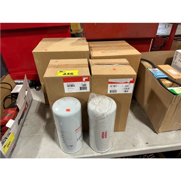 4 FLEETGUARD COMMERCIAL OIL FILTERS, BOX OF INTERNATIONAL ELEMENT FILTERS, & BOX OF WIX PREMIUM