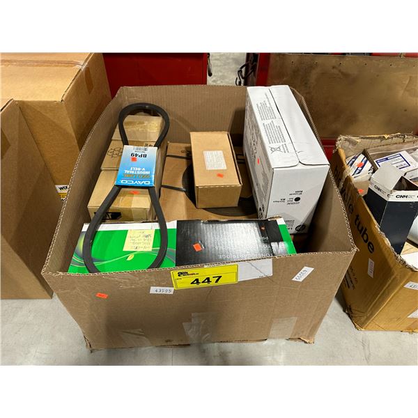 BOX OF ASSORTED CAT FILTERS, FAN BELT, MOPAR PARTS, & TONERS