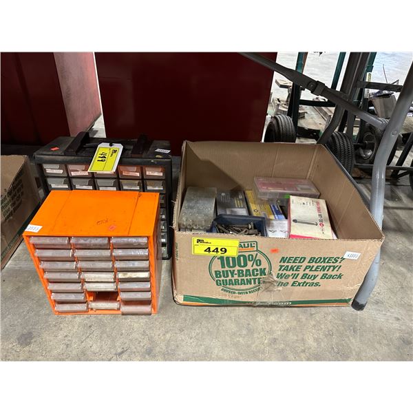 2 HARDWARE SORTERS WITH CONTENTS & BOX OF ASSORTED INDUSTRIAL HARDWARE