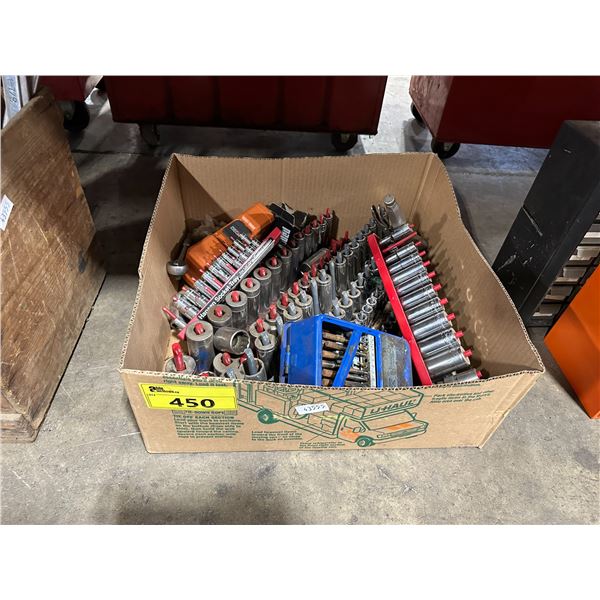 BOX OF DRILL BITS & SOCKET SETS ON SORTERS
