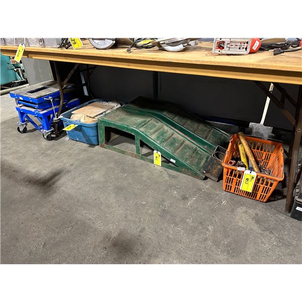 PAIR OF GREEN METAL CAR RAMPS, PLASTIC CRATE OF ASSORTED HAND TOOLS, PLASTIC BIN OF CEMENT POWDER,