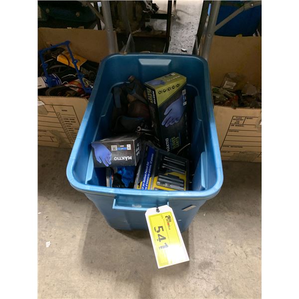 PLASTIC BIN OF ASSORTED DRILL BITS, HAND TOOLS & LATEX GLOVES