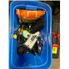 Image 2 : BLUE PLASTIC BIN OF ASSORTED MEASURING TAPES, HAND TOOLS, CHARGERS, BATTERIES, COLEMAN SUNDOME TENT