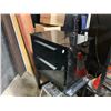 Image 2 : BLACK 2 DRAWER WOODEN STORAGE CABINET, BLACK METAL EQUIPMENT STAND, & SILVER METAL WORK STOOL