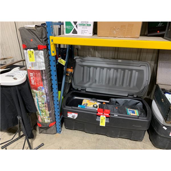 COLEMAN ONEPEAK POP UP SHELTER, CAMPING CHAIRS, & RUBBERMAID STORAGE BIN OF ASSORTED CAMPING