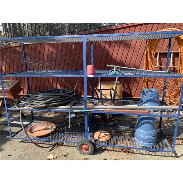 Blue Metal Framed Garden Shelving Unit - Contents Included & Metal Garden Roller Flattener
