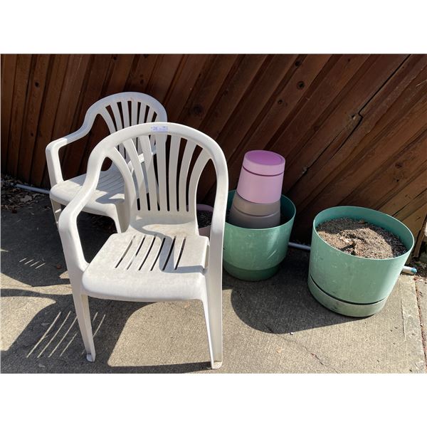Two Plastic Planters & Plastic Garden Chairs
