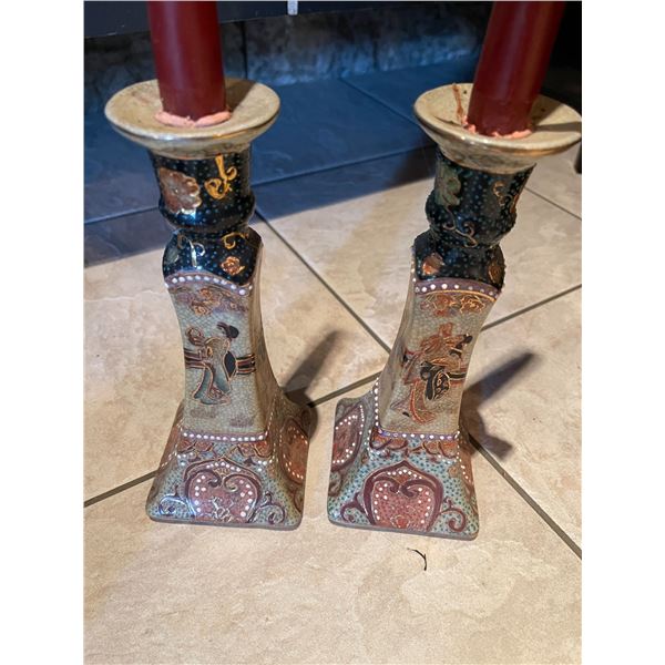 Pair of Chinese Themed Candle Sticks - 20th Century 8.5H