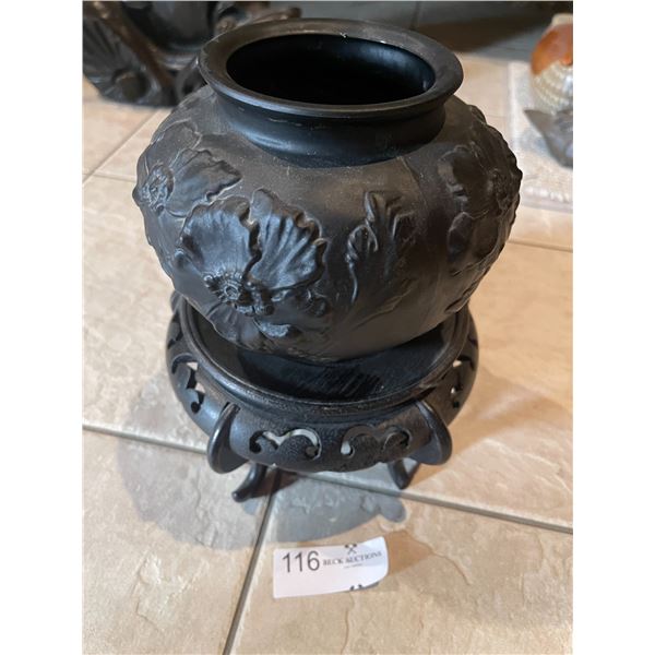 20th Century Chinese Black Pottery Jar & Stand No Markings