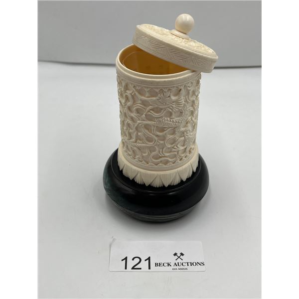 Hand Carved Ivory Jar with Lid & Decorative Stone Egg - 5.5H (Including Base)