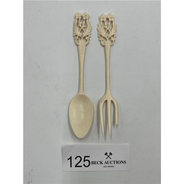 Hand Carved Ivory Fork & Spoon Set - Slight Damage to One Fork Prong