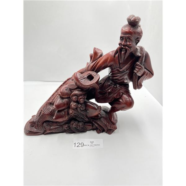 Carved Wood Statue of Chinese Fisherman - 12W x 10.5H