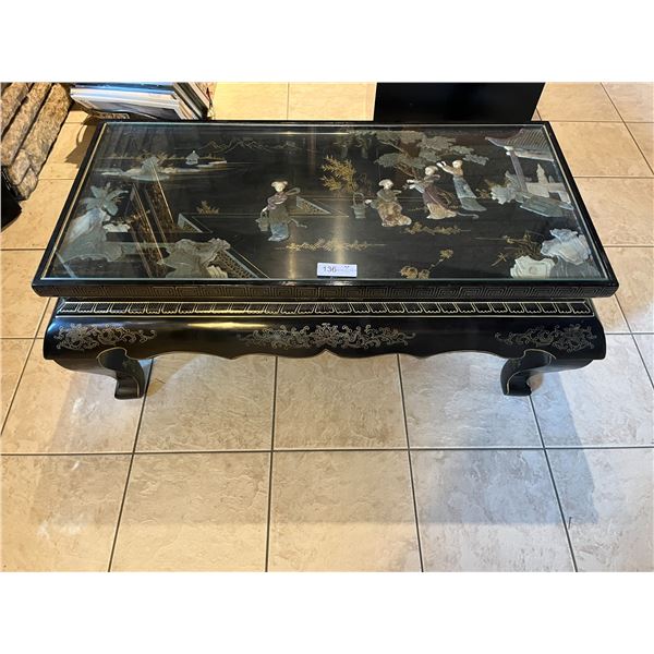 Beautiful Hand Painted Wood/Glass Coffee Table with Carved Stone Scenery - 38L x 18W x 17H