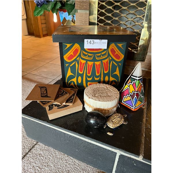 First Nations Decorative Wooden Box, Coasters, Candle, Small Basket, Decorative Egg & Turtle