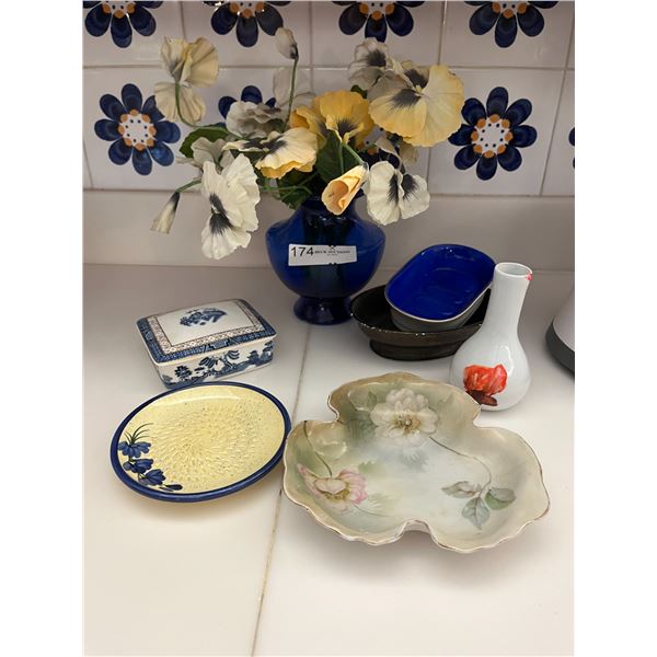 Lovely Assortment of Small Fine Bone China Dishes, Blue Glass Vase & Soap Dishes!