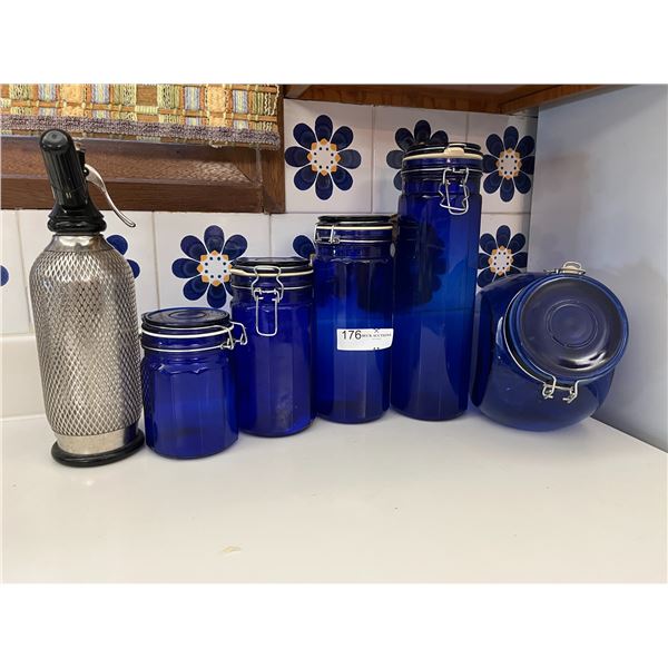 Collection of Blue Glass Food Storage Jars & Whip Cream Dispenser