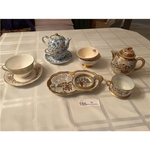 Assortment of Teacups & Saucers & Chinese Teapot/Cup/Serving Tray Set - All Have Chips!