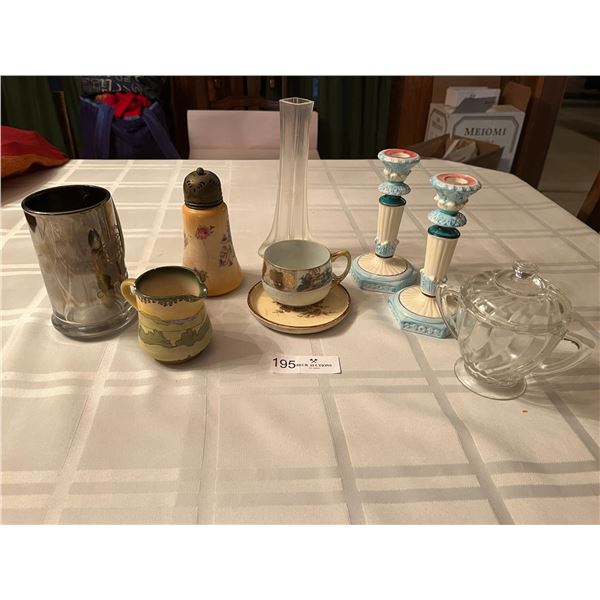 Assortment of Goodies - Candle Holders, Sugar Jar, Creamer, Tea Cup, Small Vase
