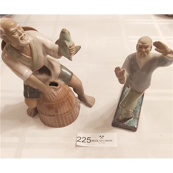 Vintage Wan Jiang Mud Man Fisherman With Vintage Shiwan Chinese Mud Man Figurines
