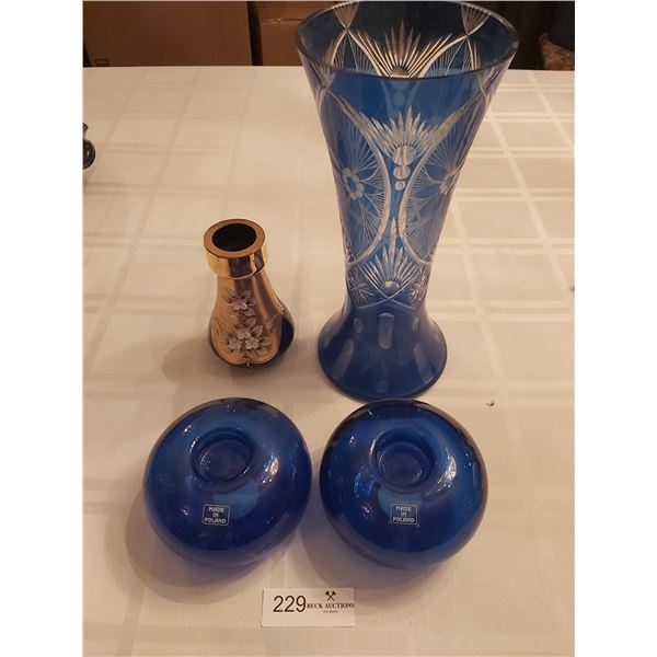 Two Blue Candle Holders (Made In Poland)  With Two Blue Glass Vases