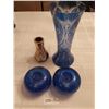Image 1 : Two Blue Candle Holders (Made In Poland)  With Two Blue Glass Vases