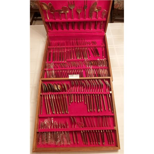 Assorted Gold Colored/Wood Cutlery Collection With Wood Box