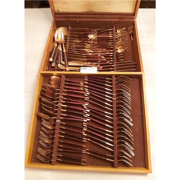 Assorted Gold Colored/Wood Cutlery Collection With Wood Box