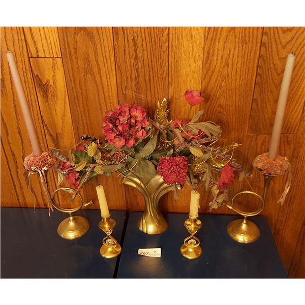 Brass Looking Vase With Flower Arrangement And French Horn Candle Holders