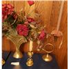 Image 2 : Brass Looking Vase With Flower Arrangement And French Horn Candle Holders