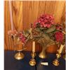 Image 3 : Brass Looking Vase With Flower Arrangement And French Horn Candle Holders