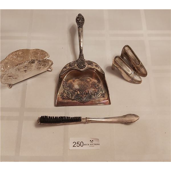 Crumb Sweeper With "Shoe" Salt And Pepper Shakers And Napkin Holder