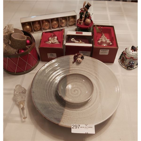 Assorted Christmas Items including Decorations, Serving Platter & Music Box