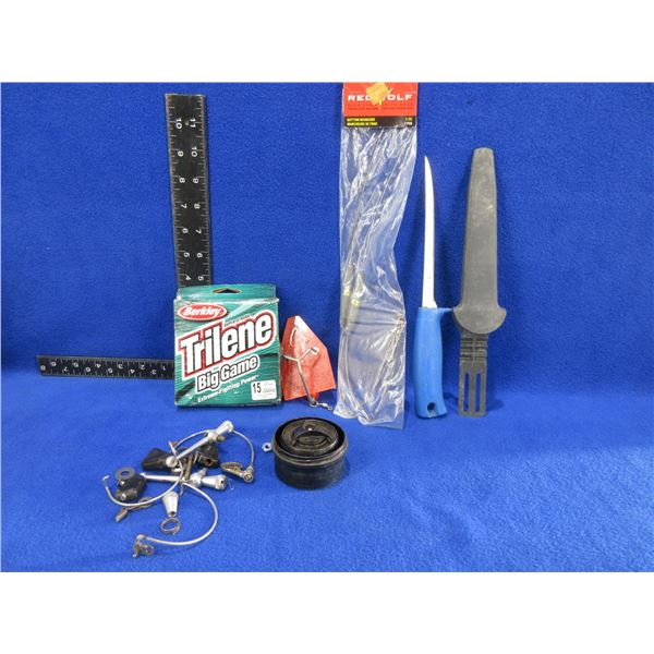 Lot of Misc. Fishing Tackle - Filet Knife, Trilene 15 lb Line