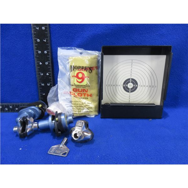 Lot of Misc. - Trigger Locks, Targets, Hoppes 9 Gun Cloth