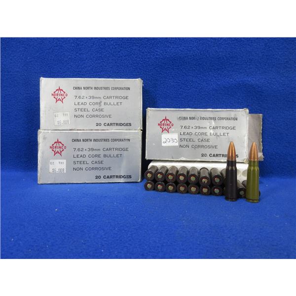 7.62X39 FMJ Norinco Cartridges - 3 Boxes of 20