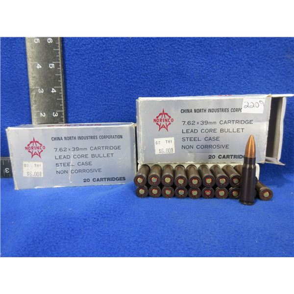 7.62X39 FMJ Norinco Cartridges - 2 Boxes of 20