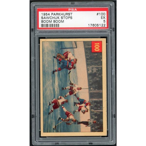 1954-55 Parkhurst #100 Sawchuk Stops Boom Boom (PSA 5)