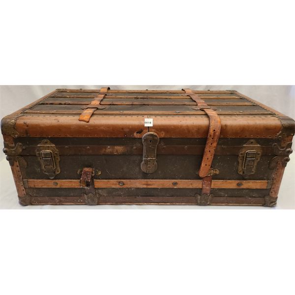 FLAT TOP STEAMER TRUNK W/ LEATHER STRAPS