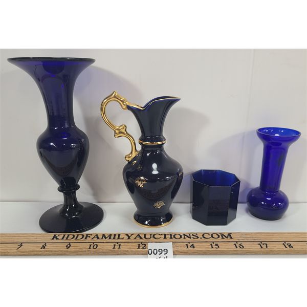 LOT OF 4 - PORCELAIN LIMOGES CASTEL PITCHER, COBALT GLASS VASES & ETC