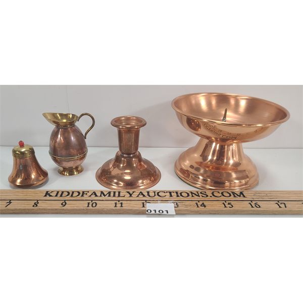 LOT OF 4 - VENETIAN COPPER PITCHER, COPPER PILLAR CANDLE HOLDER & ETC