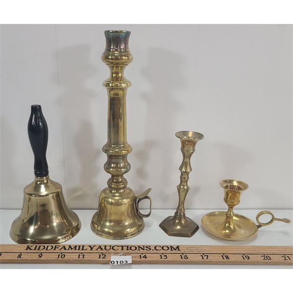 LOT OF 4 - BRASS CANDLESTICK HOLDERS & SCHOOL BELL