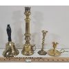 Image 1 : LOT OF 4 - BRASS CANDLESTICK HOLDERS & SCHOOL BELL