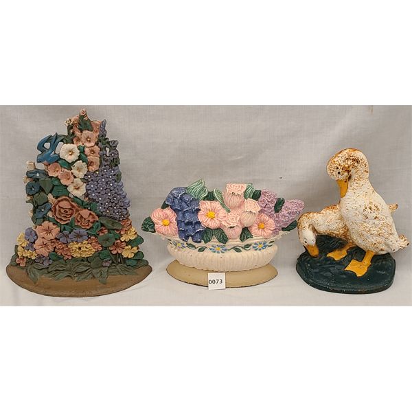 LOT OF 3 - FLORAL AND DUCK CAST IRON DOOR STOPS