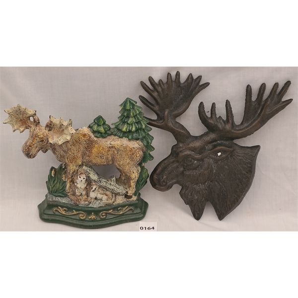 LOT OF 2 - MOOSE CAST IRON DOORSTOP AND WALL HANGING DECOR