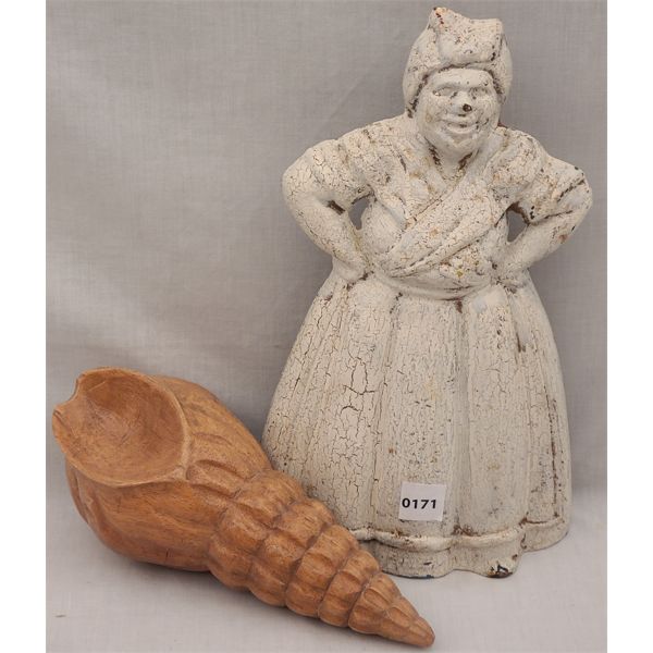 LOT OF 2 - LADY CAST IRON DOOR STOP AND WOOD SHELL