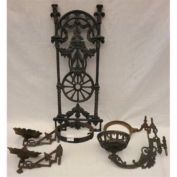 LOT OF 5 - CAST IRON WALL MOUNT OIL LAMP SCONCES 