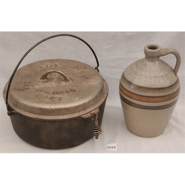 LOT OF 2 - CAST DUTCH OVEN AND CROCK