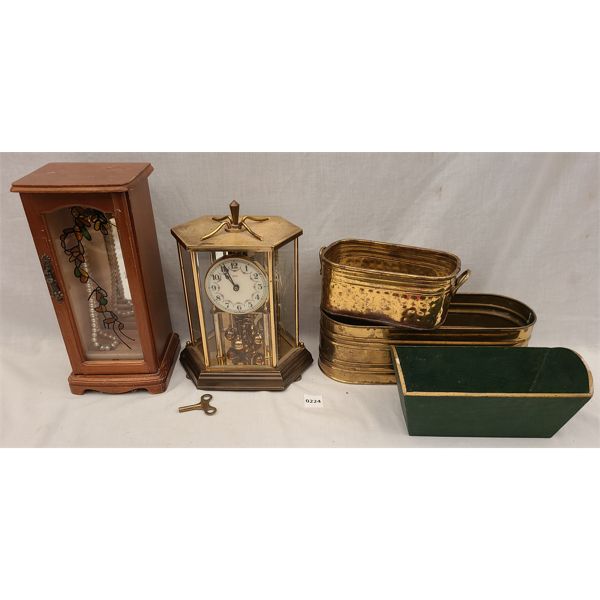 LOT OF 5 - ANNIVERSARY CLOCK - JEWLERY BOX - BRASS TRAYS - PEARLS