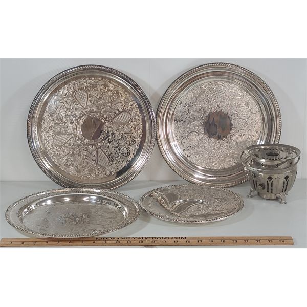 LOT OF 5 - SILVER PLATED SERVING PLATTERS & CHAFFING BURNER 