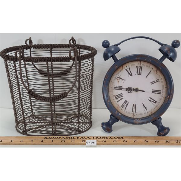 LOT OF 2 - WIRE EGG BASKET & VINTAGE STYLE CLOCK